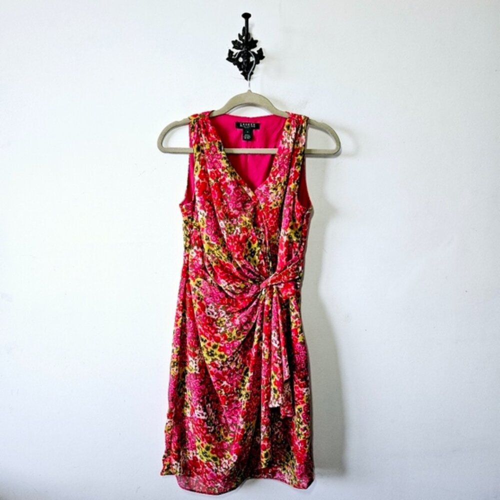 Lauren Ralph Lauren Floral Wrap Style Dress Size 4 Knot Detail V Neck EUC